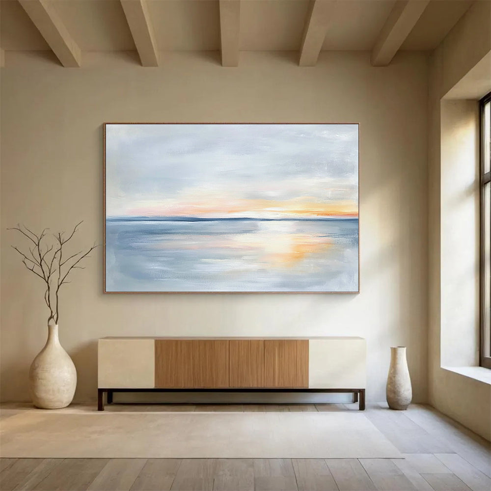 “Pastel Sea Sunset” - Soft Gray, Orange, Pink, Tranquil Seascape Painting On Canvas HB1005