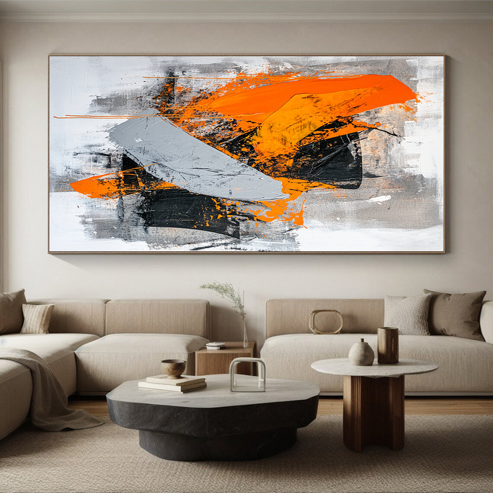 Black, Gray, Orange and White Bold Brushstrokes "Fiery Passion" Painting On Canvas HB329