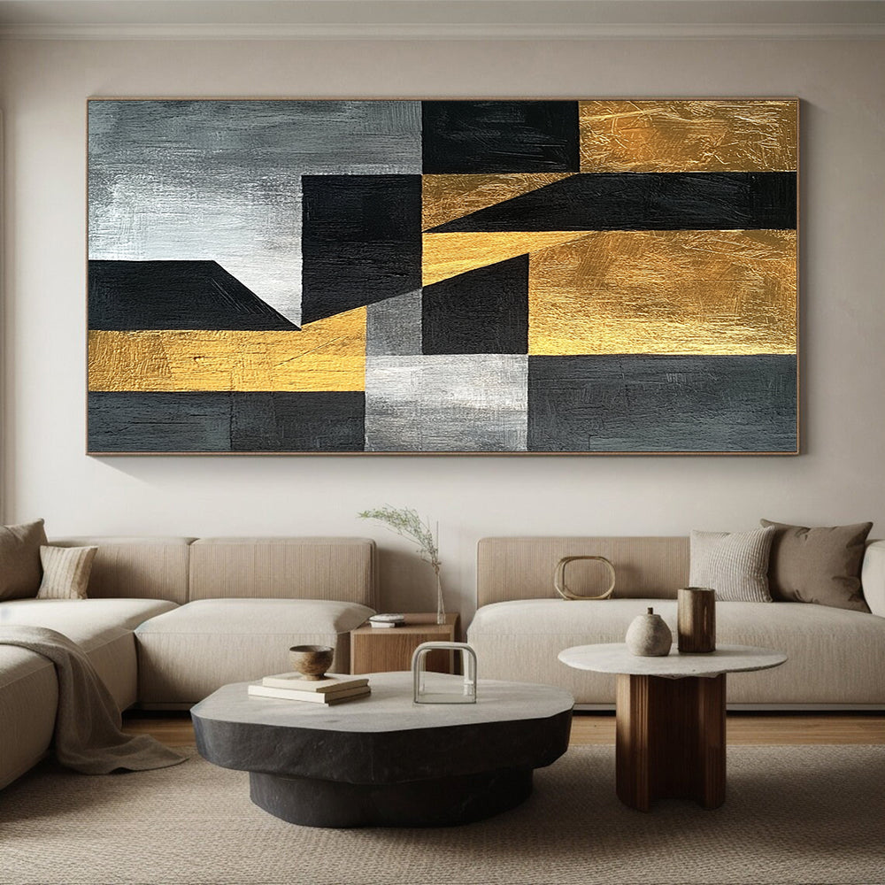 Black, Gray, Silver and Gold Geometric Abstraction "Elegant Geometry" Painting On Canvas HB372