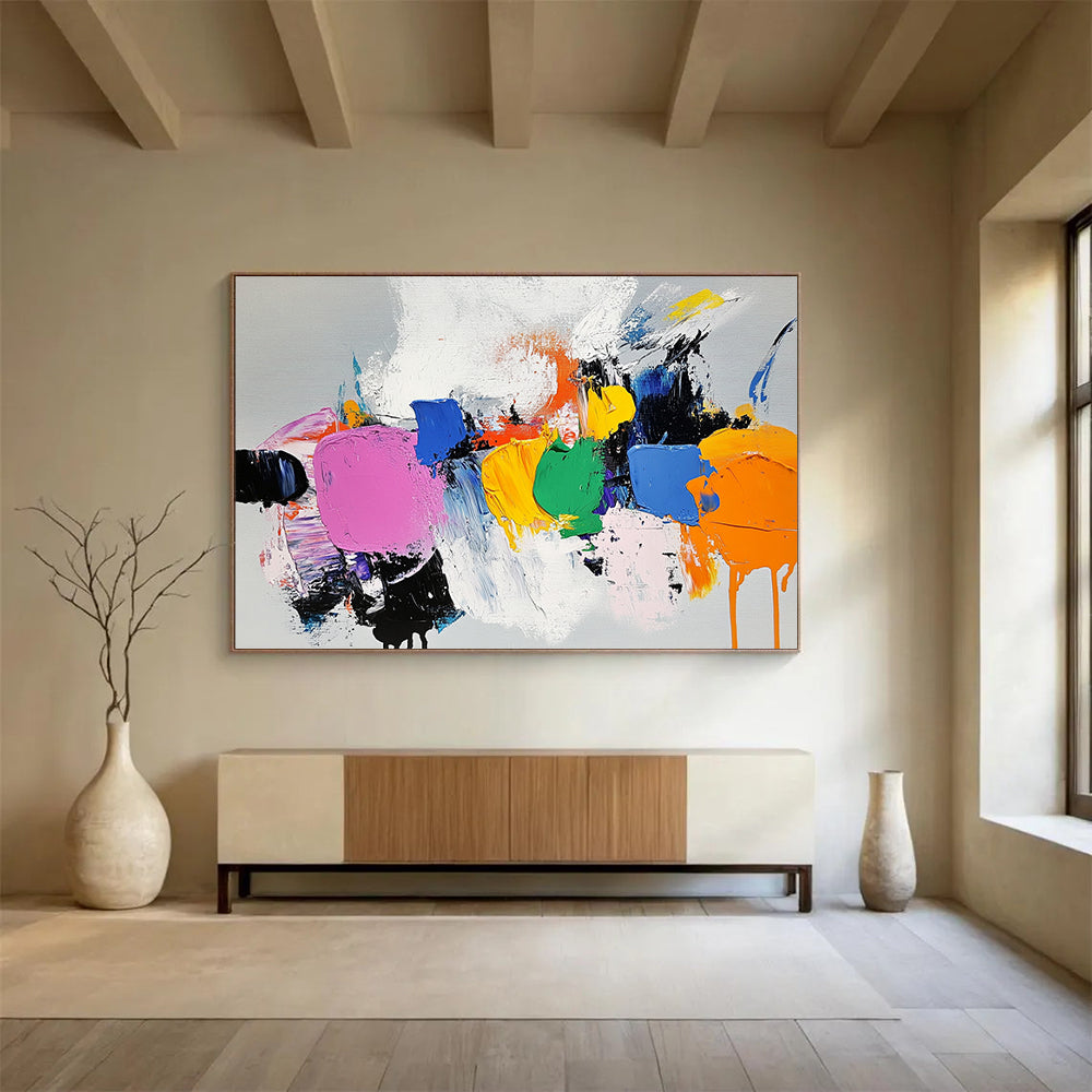 “Colorful Abstract Shapes” - Pink, Blue, Yellow, Green, Abstract Expressive Painting On Canvas HB1089