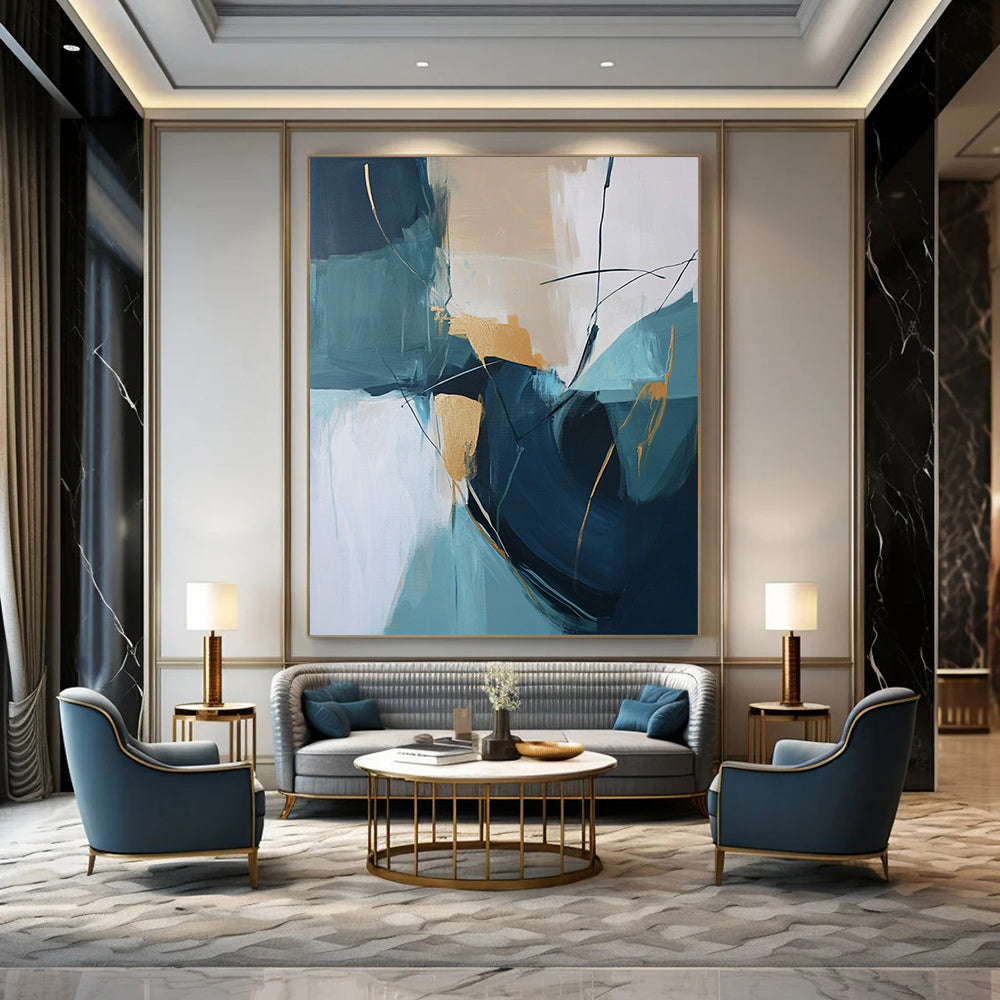 Large contemporary hand-painted abstract artwork featuring beige and teal colors with thick brush strokes and gold accents. DLZ0728