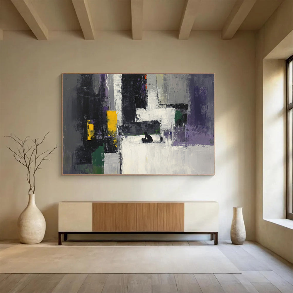 “Colorful Abstract with Figure” - Gray, Purple, Yellow, Green, Figure Silhouette - Painting On Canvas HB1428