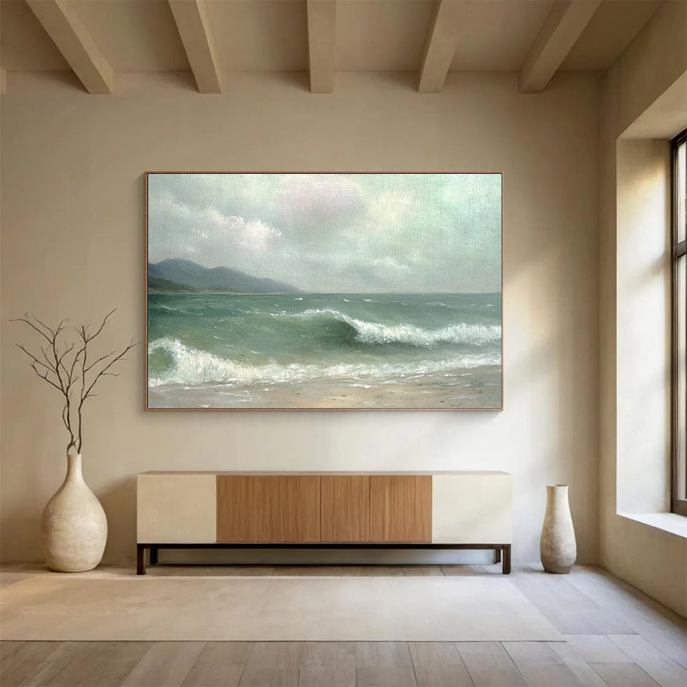 “Misty Sea Beach” - Green, Gray, Sea, Beach, Mountains Painting On Canvas HB0755