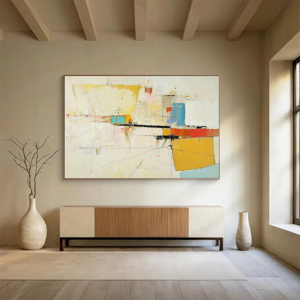 “Soft Color Abstract Composition” - Yellow, Blue, Red, Pink, Gray, White, Mixed Shapes - Painting On Canvas HB1440