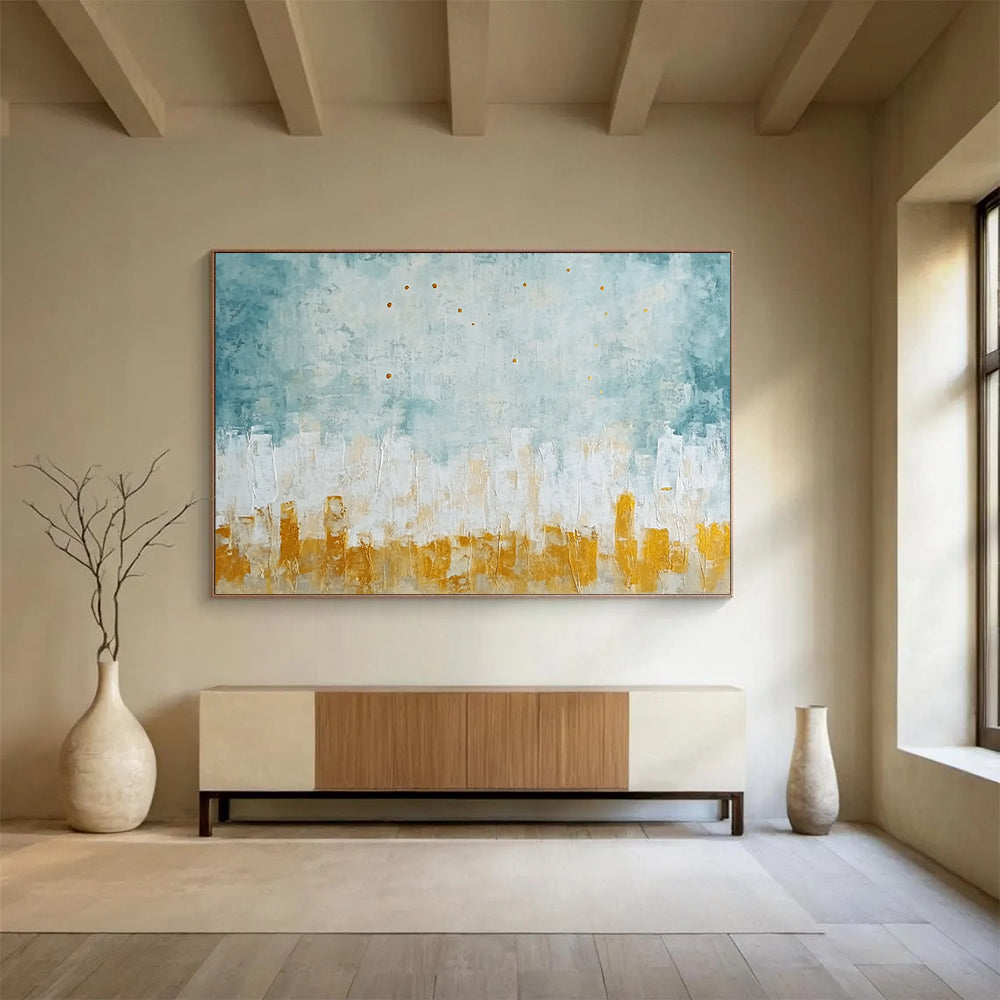 “Blue - Gray Cityscape with Gold Dots” - Blue, Gray, Gold, Abstract Cityscape Painting On Canvas HB1092