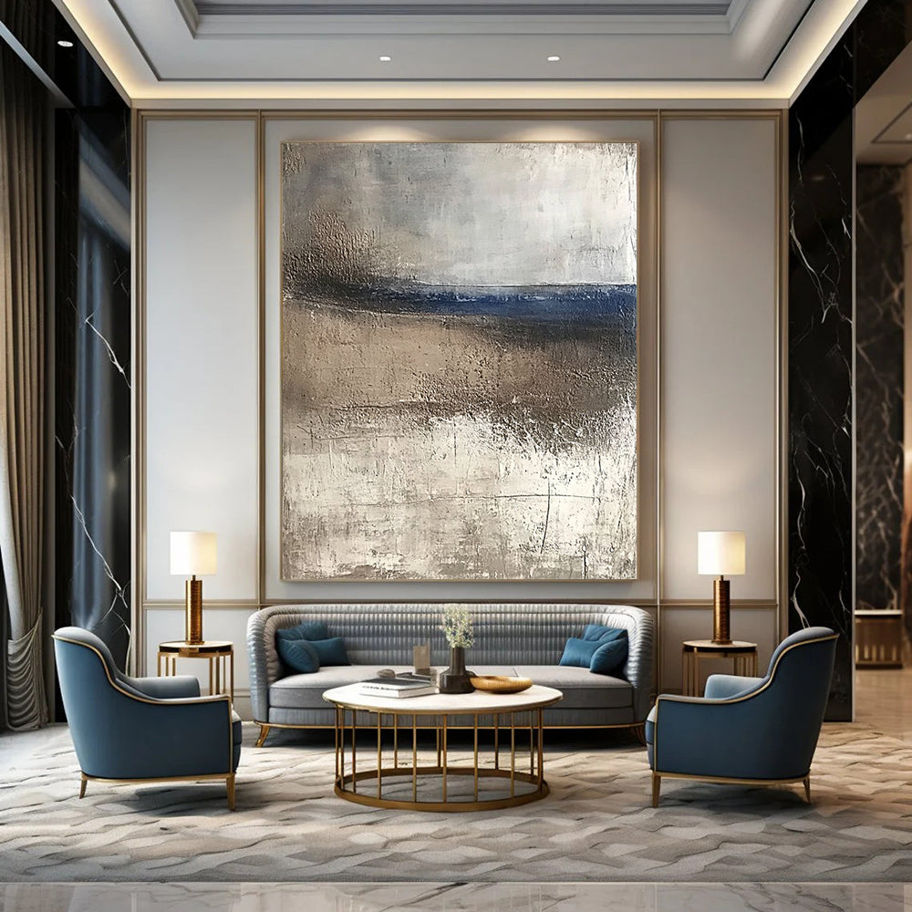 Contemporary abstract artwork featuring textured canvas with weathered hues of blue and brown evoking serene coastal landscapes and tranquility in a minimalist style. DLZ0445