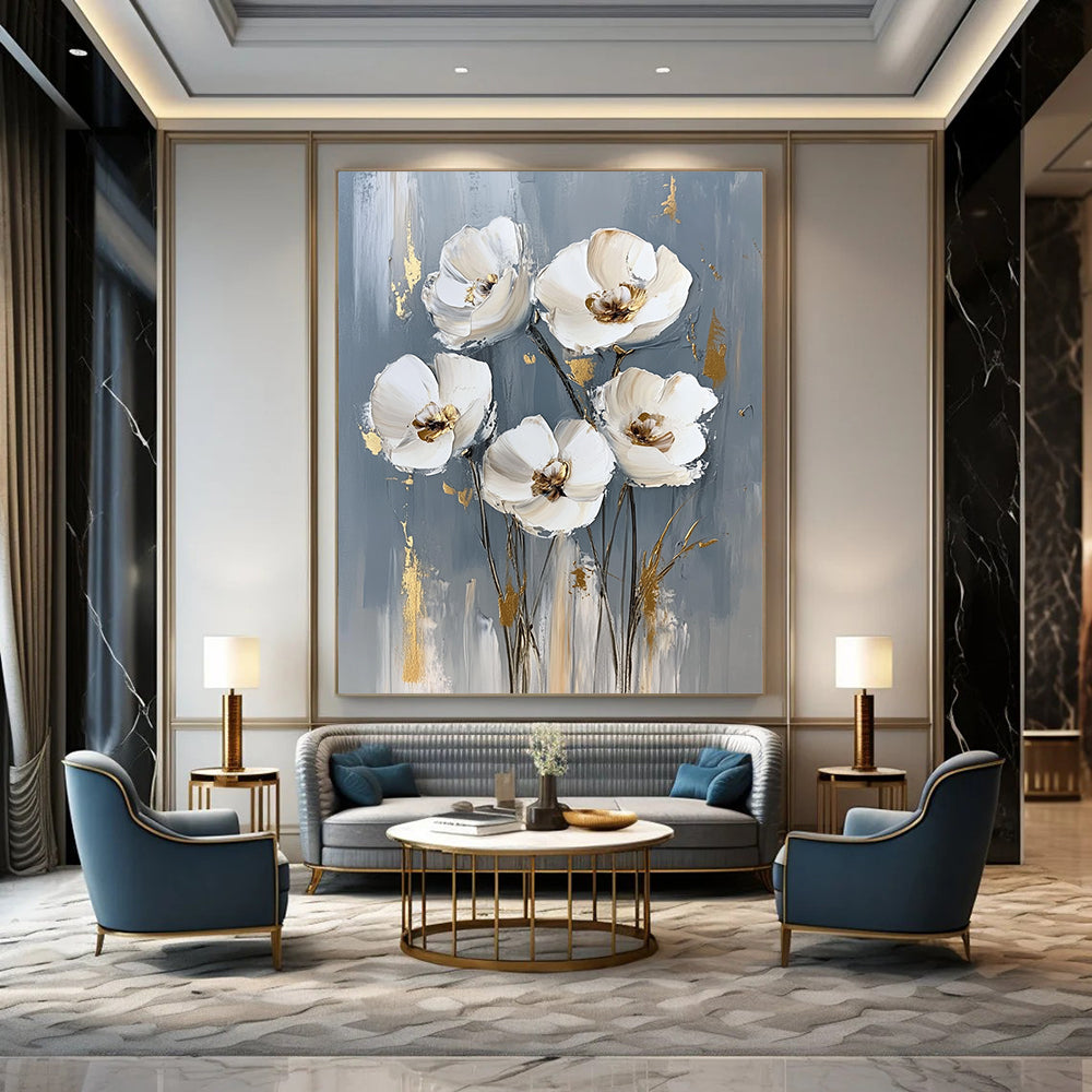 Contemporary abstract painting features white flowers on a gray background with striking gold accents, creating a sophisticated artistic touch for any space. DLZ0823