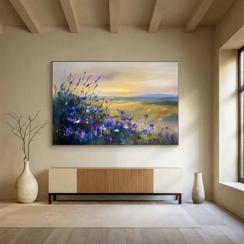 “Purple Wildflower Sunset” - Purple, Yellow, Blue, Wildflowers and Sunset Landscape Painting On Canvas HB0946