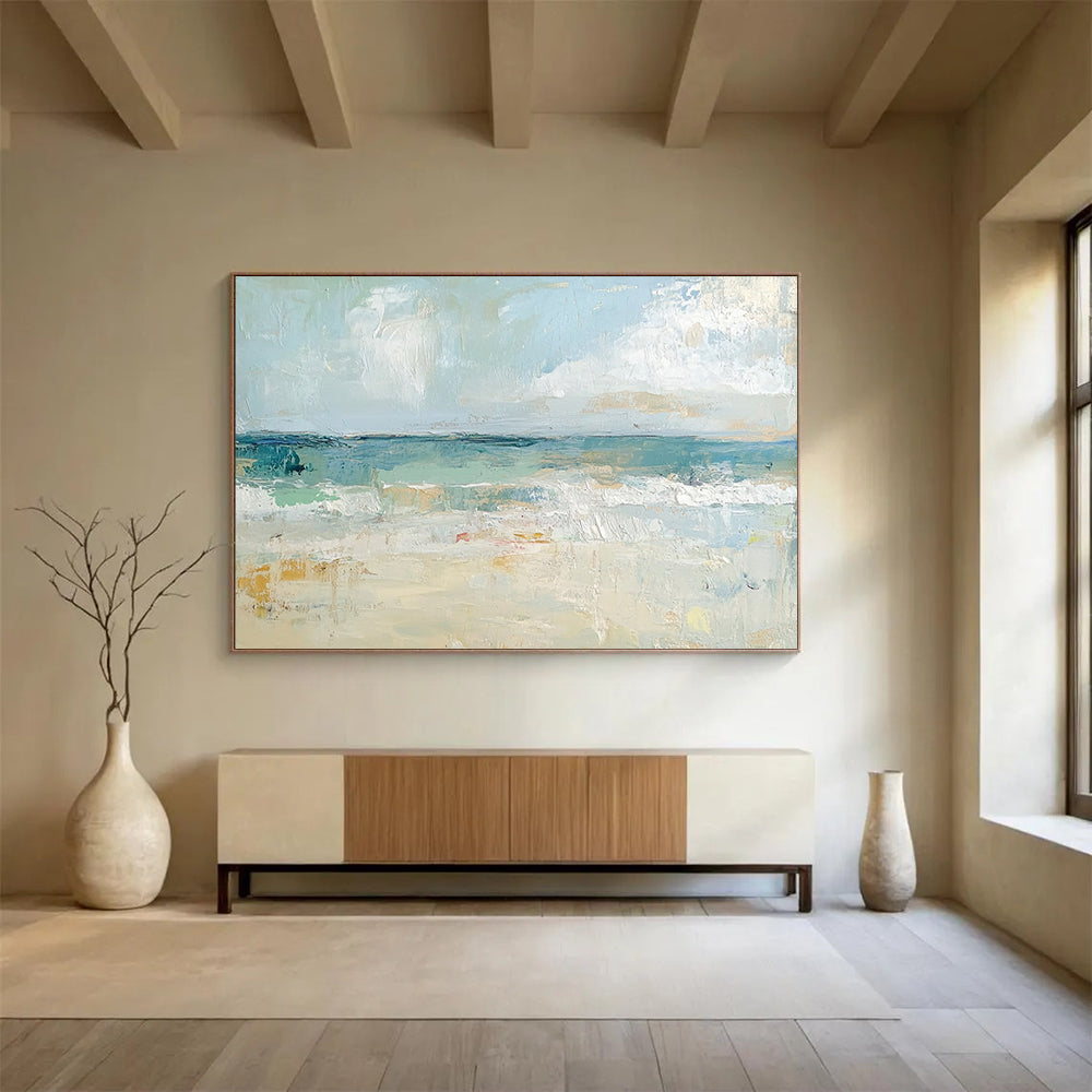 “Pastel Beach Serenity” - Light Blues, Creams, Soft Golds, Calm Beach - Impressionist Oil Painting HB1565