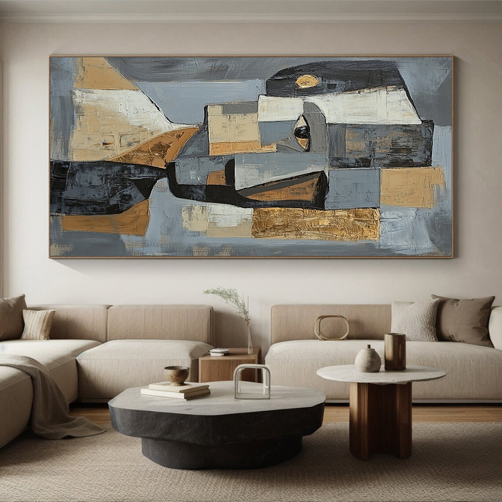 Gray, Black, White, Gold and Brown Cubist Portrait "Abstract Identity" Painting On Canvas HB356