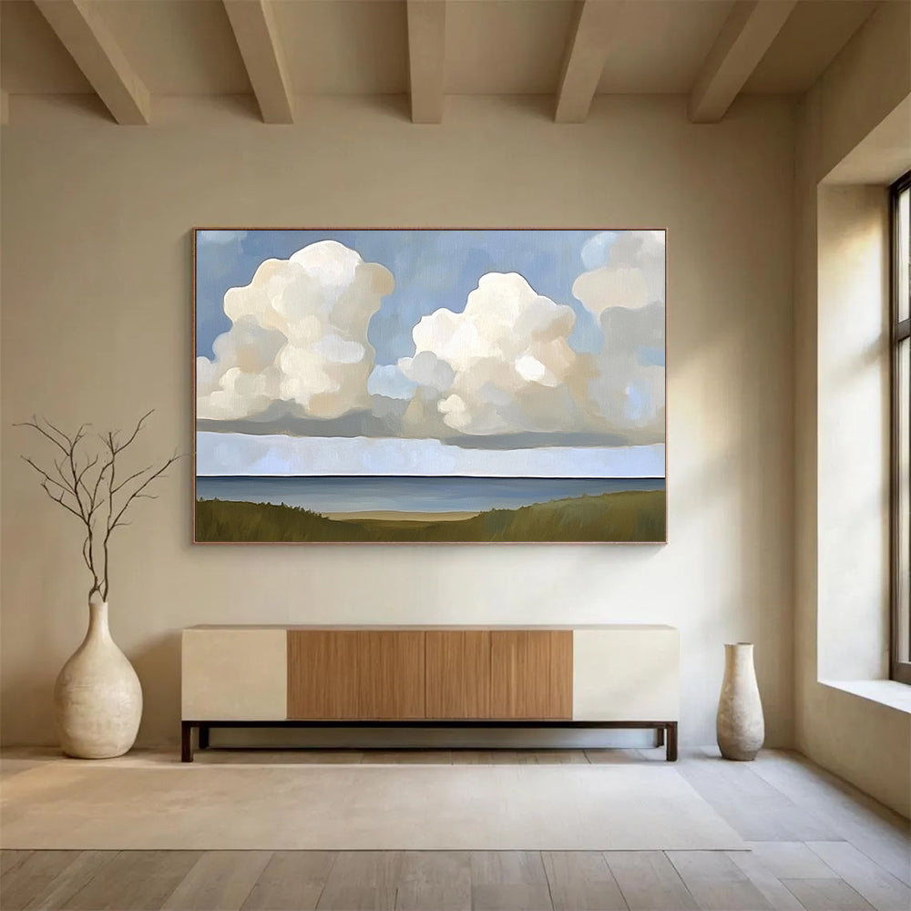 “Cloudy Coastal View” - Blues, Whites, Greens, Clouds Over the Sea with Grasslands - Minimalist Acrylic Painting HB1708