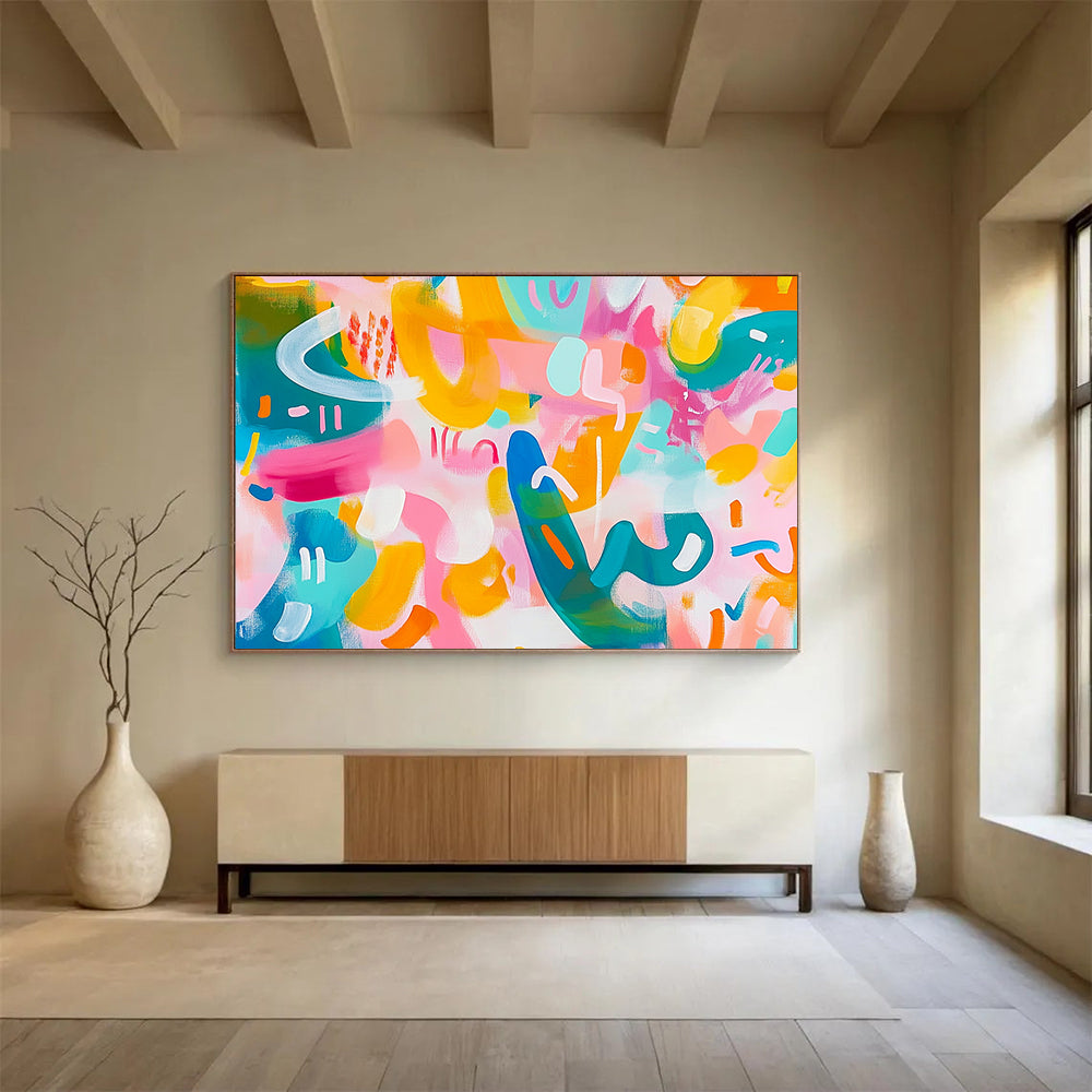 “Pastel Playful Abstract” - Pink, Yellow, Teal, Curved Shapes - Contemporary Acrylic Painting HB1522