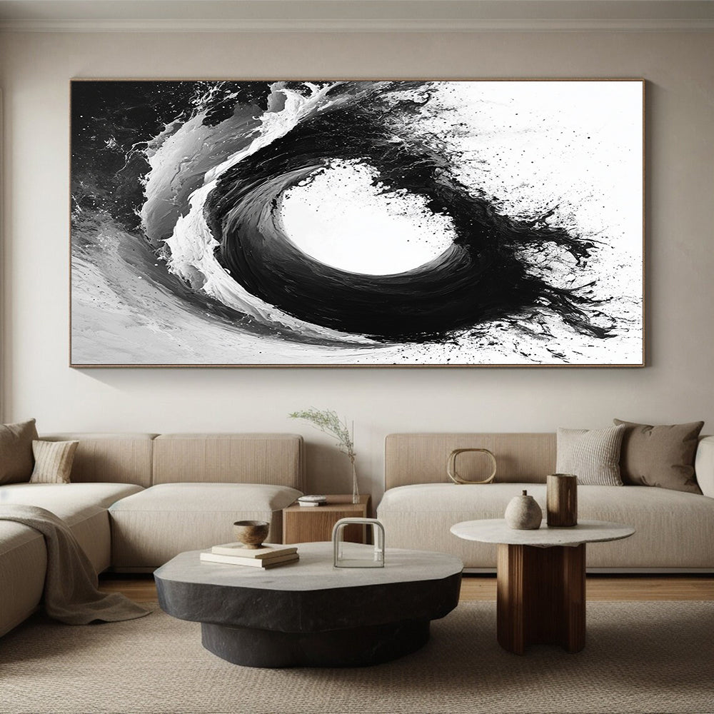 Black & White Ink Wave - “Powerful Ink Surge” Painting On Canvas HB229