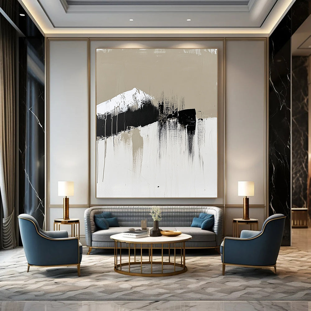 Contemporary hand-painted abstract art featuring a single brush stroke in neutral tones with black and white accents emphasizing minimalism. DLZ0971