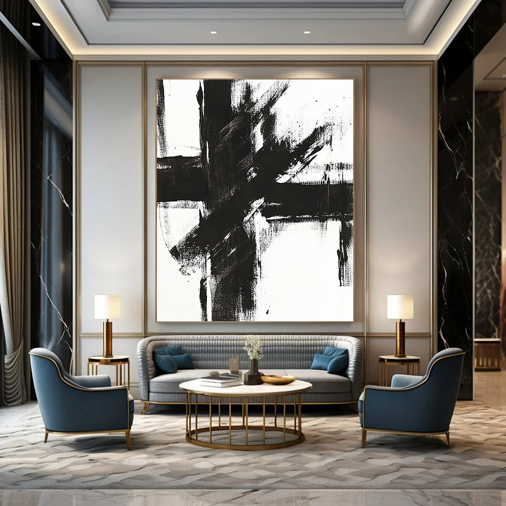 Contemporary abstract painting features a bold black and white cross with striking brush strokes on a bright canvas. DLZ0271