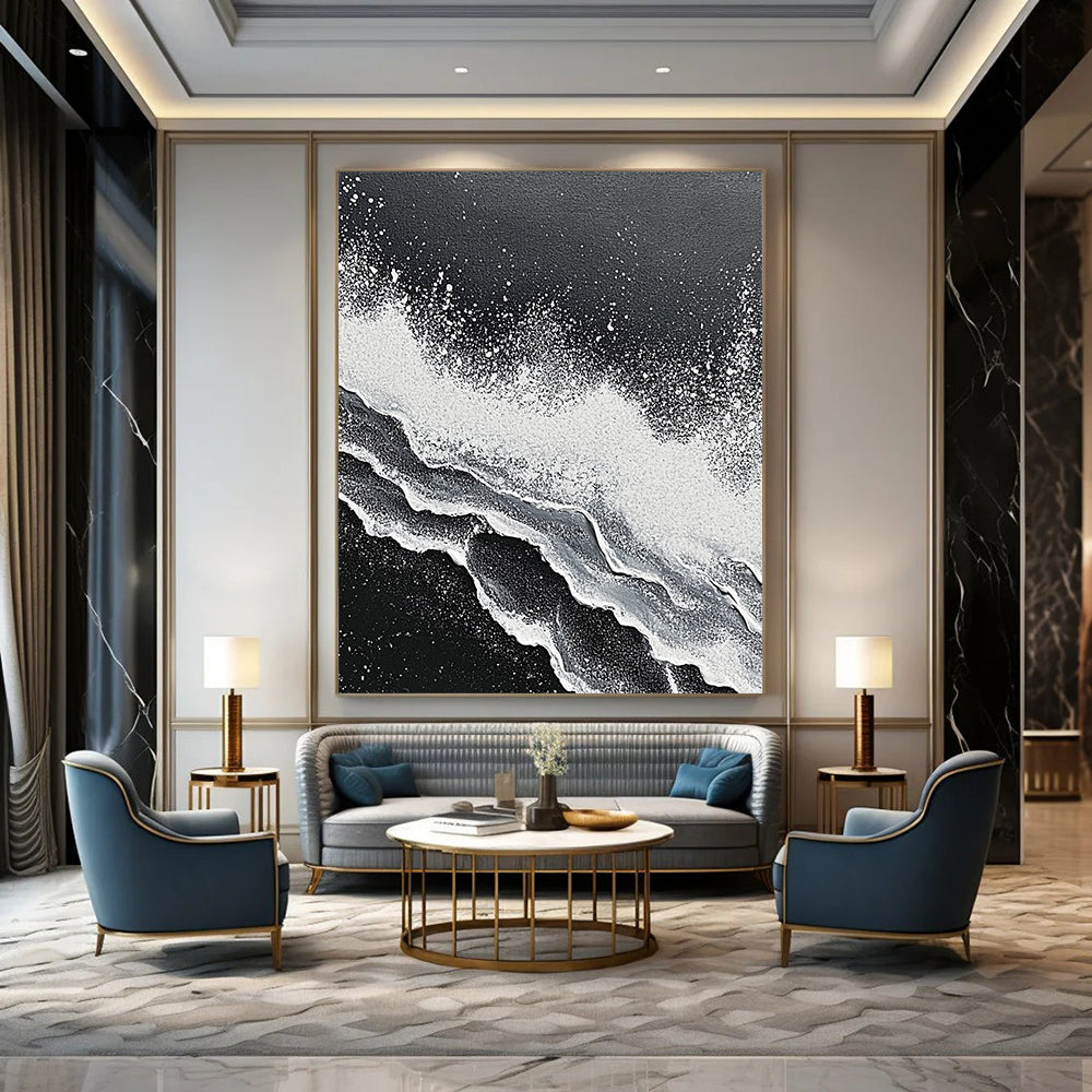 Contemporary hand-painted abstract art featuring intricate textures of ocean waves crashing in striking black and white tones. DLZ1139