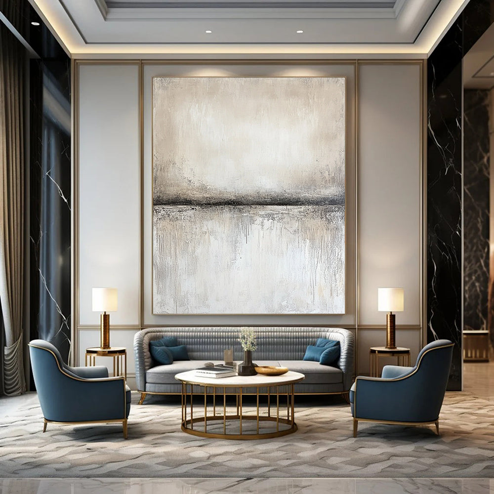 Contemporary abstract artwork features textured canvas in neutral gray and beige, with soft gradients and a central empty space showcasing subtle movement and light. DLZ0877