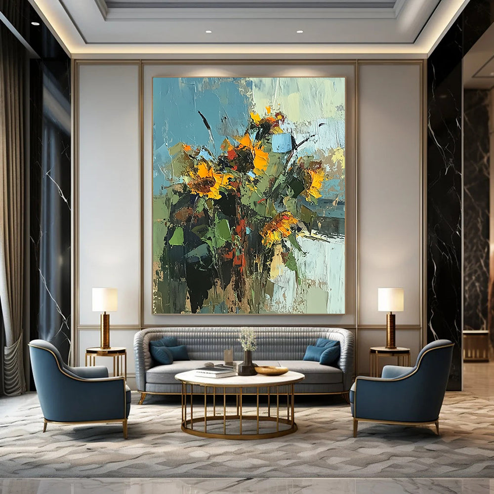 Contemporary palette knife sunflowers painting features vibrant colors on a white background, inspired by Peter Wileman's unique style and artistry. DLZ1127