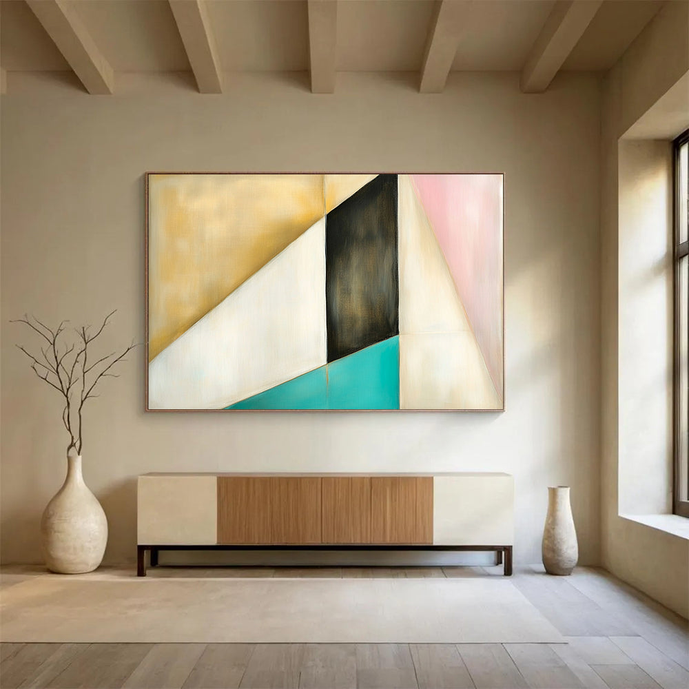 “Geometric Color Block” - Gold, Black, White, Pink, Teal, Geometric Shapes - Painting On Canvas HB1436