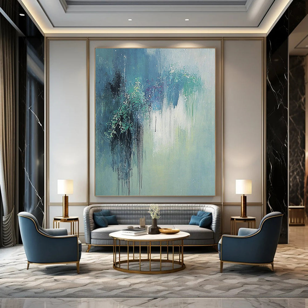 Large contemporary hand-painted abstract artwork featuring gentle hues of green and blue with elegant willow reflections and a serene, dreamy atmosphere. DLZ1179