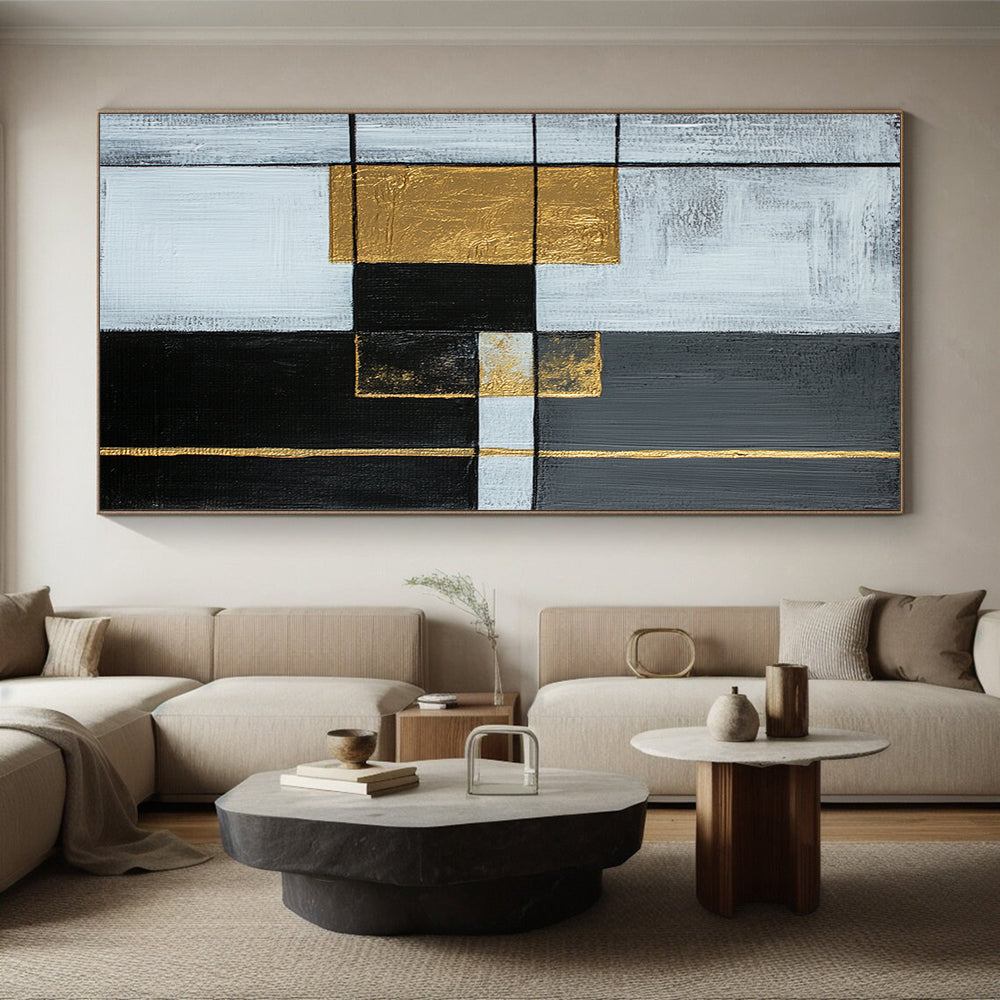 Gray, White, Gold, Black, Geometric Squares "Gilded Intersection" Abstract Modernist Painting On Canvas HB149