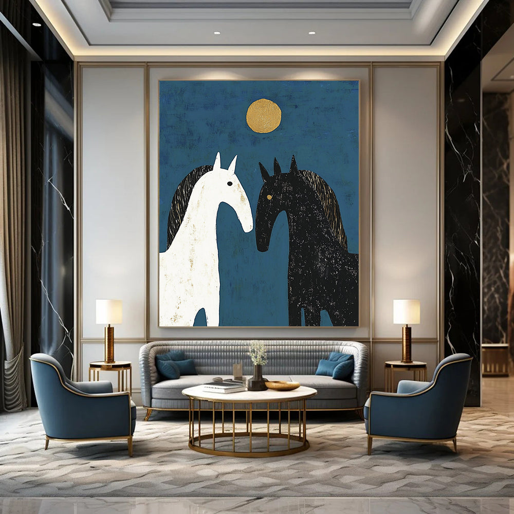 Contemporary abstract artwork featuring three horses in a symmetrical design with soft edges and delicate brushstrokes against a deep blue background. DLZ1714