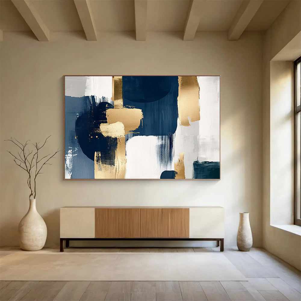 “Navy and Gold Geometric Abstract” - Navy, gray, white, gold; Geometric abstract with gold brushstrokes; Acrylic Painting On Canvas HB1261