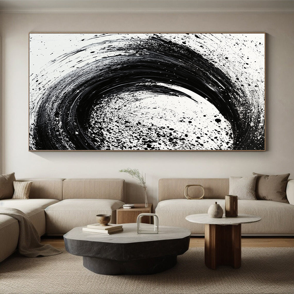 Black and White Swirling Splatter "Cosmic Tempest" Painting On Canvas HB281