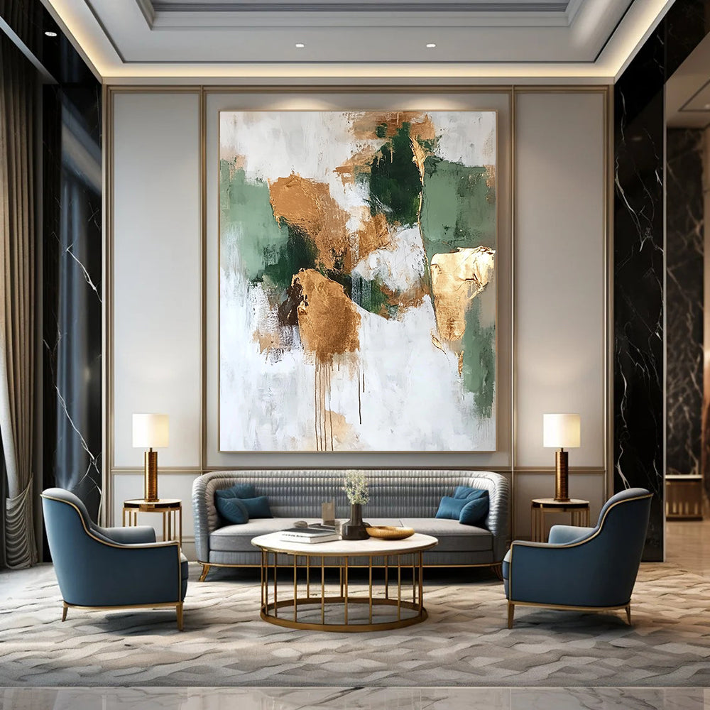 Contemporary abstract artwork features neutral greens and browns with gold foil accents on a white background, perfect for modern decor. DLZ0681