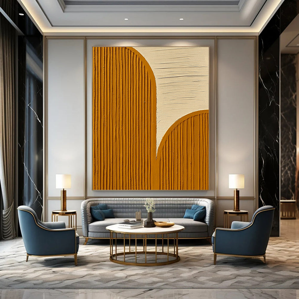 Contemporary abstract artwork featuring textured wood grain patterns in yellow and gold against a white backdrop embodying tranquility and harmony. DLZ1345