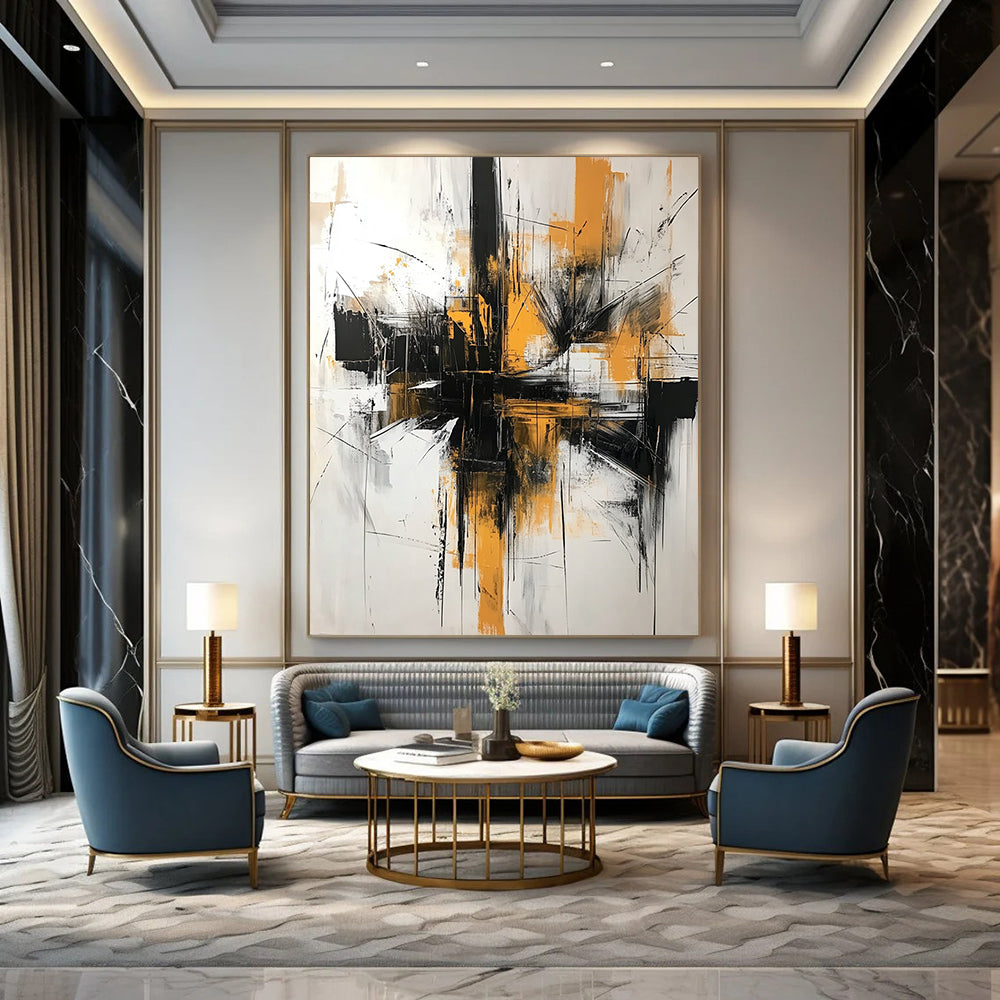 Contemporary hand-painted abstract artwork featuring black and white brushstrokes with yellow accents creating dynamic architectural shapes against an off-white background. DLZ1372