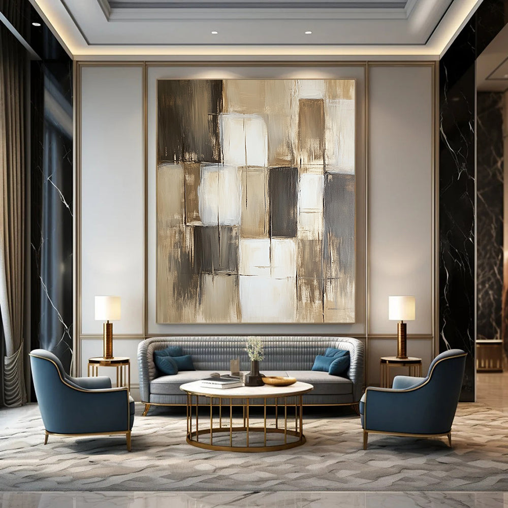 Contemporary hand-painted abstract art featuring neutral shades of beige gray and brown with varying paint block sizes and textures. DLZ0611