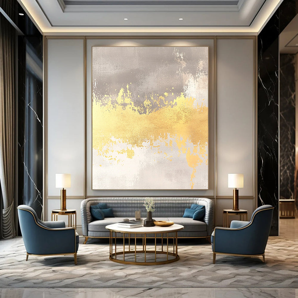 Ethereal contemporary abstract artwork features a soft gray background with yellow accents and gold foil, perfect for a dreamy wedding card backdrop. DLZ1471