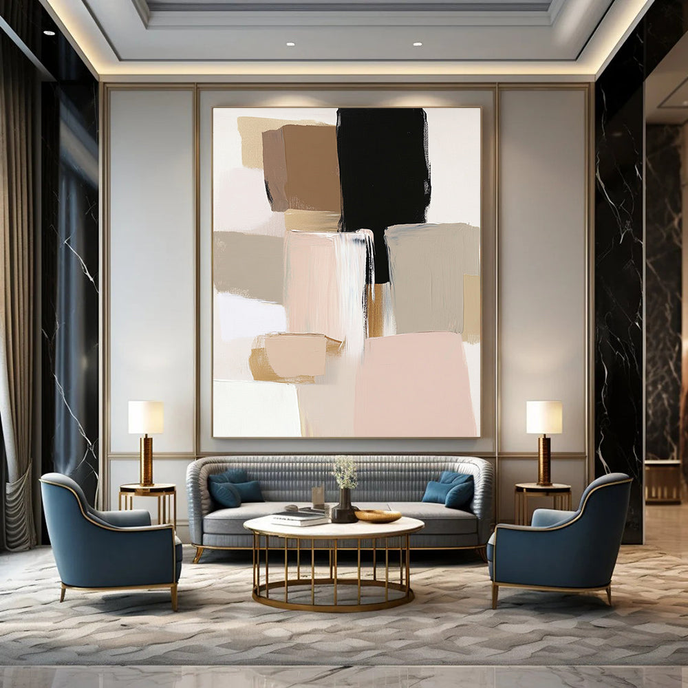 Contemporary abstract artwork featuring neutral tones with blush pink beige and sage green accents highlighted by thick brush strokes. DLZ0489