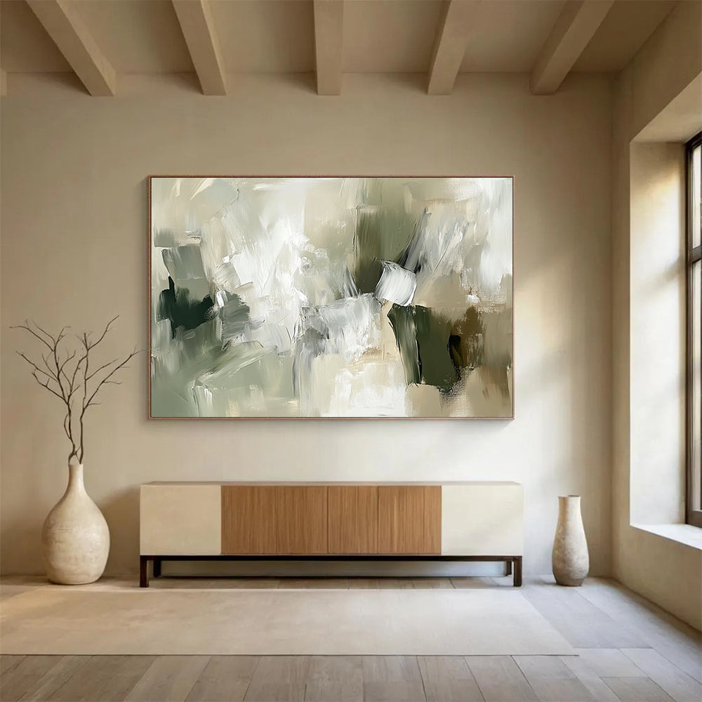 “Green and Beige Abstract Composition” - Green, beige, gray, white; Abstract composition with soft brushstrokes; Acrylic Painting On Canvas HB1265