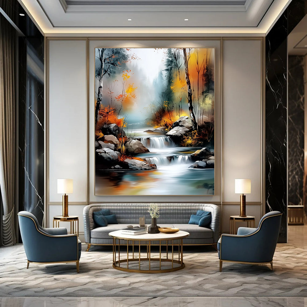 Contemporary abstract landscape featuring a tranquil river amid an autumn forest with misty hues and vibrant light effects in a digital watercolor style. DLZ1128