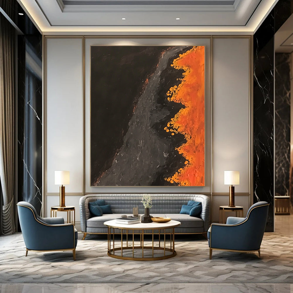 Contemporary abstract artwork capturing an aerial scene of an orange and black river with dark brown water and yellow flowers lining the banks. DLZ0839