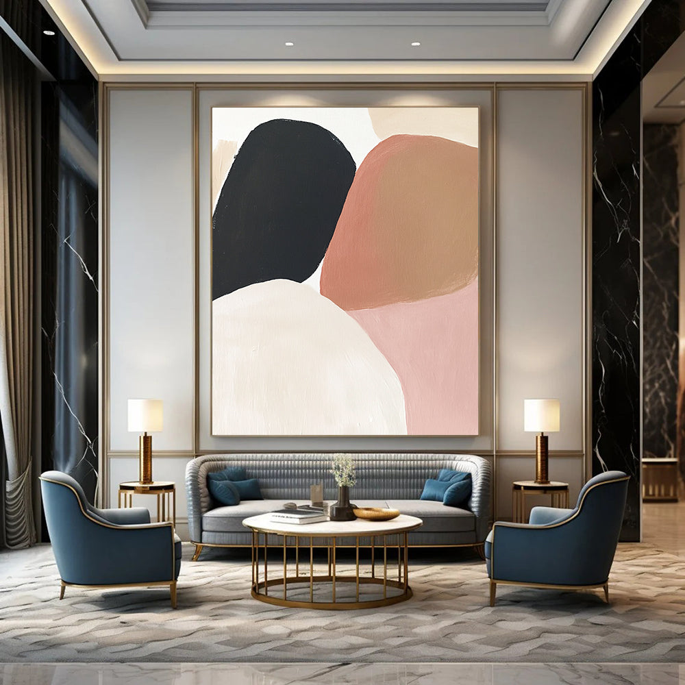 Contemporary hand-painted abstract artwork featuring earthy tones of soft pink, beige, brown, and black on a clean white background. DLZ0800