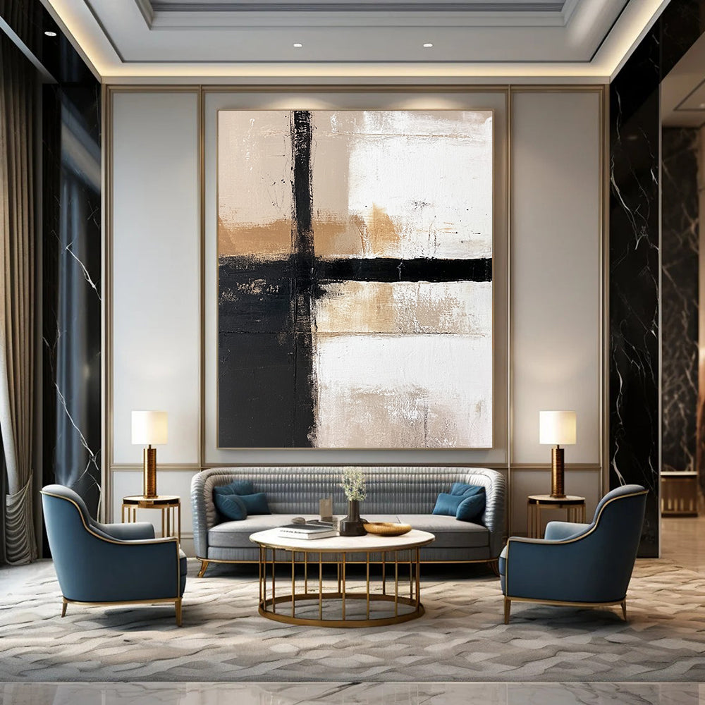 Contemporary hand-painted abstract artwork featuring a white background, bold black lines, and striking brown and beige color blocks. DLZ1650