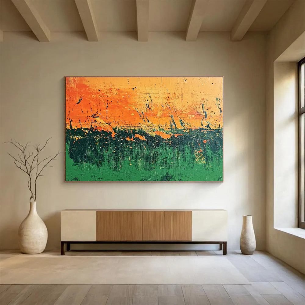 “Orange - Green Abstract Field” - Orange, Green, Abstract Field, Textured Layers HB1125