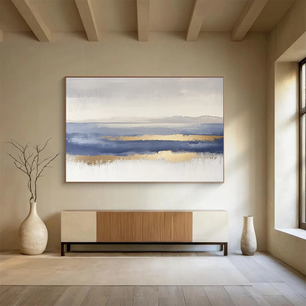 “Gray - Blue Abstract Horizon with Gold Accents” - Gray, Blue, Gold, Subtle Horizon Lines Painting On Canvas HB0853