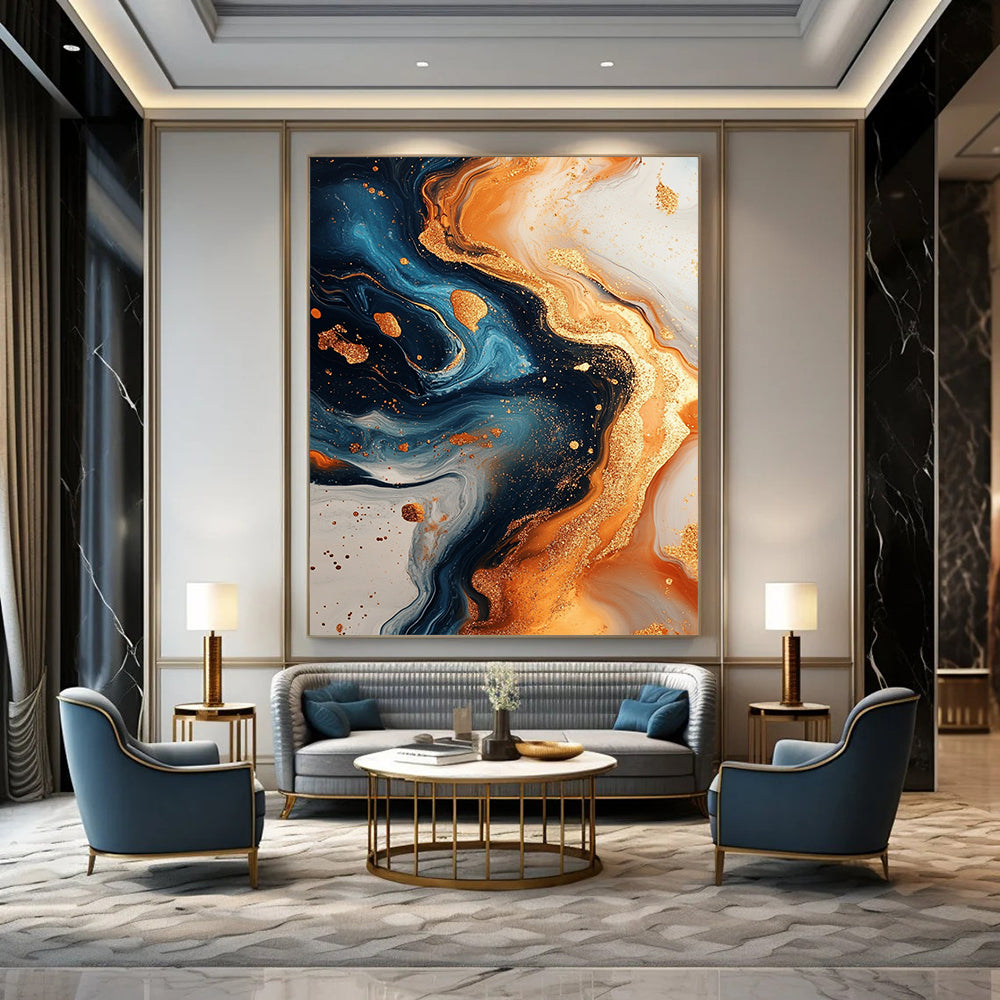 Contemporary hand-painted abstract artwork showcasing swirling gold and navy blue with marble textures and glitter. Perfect for modern decor. DLZ0848
