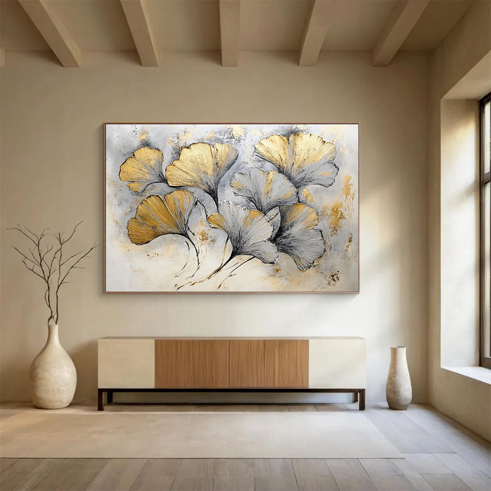 “Gilded Ginkgo Leaves” - Gold, Silver, Gray - Textured Botanical Gilded - Acrylic Painting HB1327