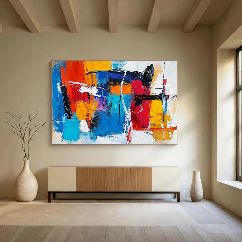 “Vibrant Abstract Expressionist” - Red, blue, yellow, orange, white; Bold abstract expressionist brushstrokes; Acrylic Painting On Canvas HB1239