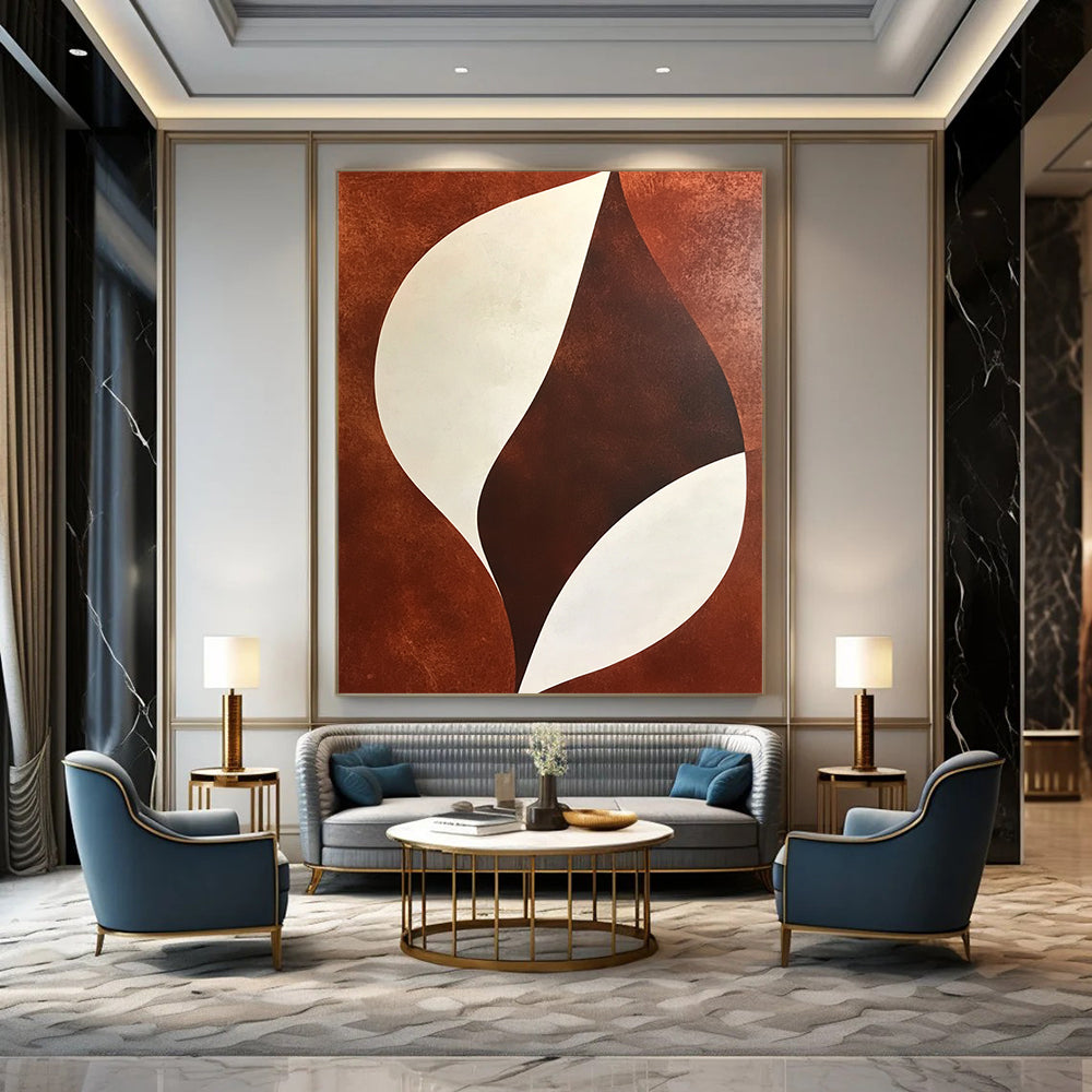 Large contemporary hand-painted abstract artwork featuring brown and white shapes with minimalist soft lines and geometric organic patterns. DLZ0979