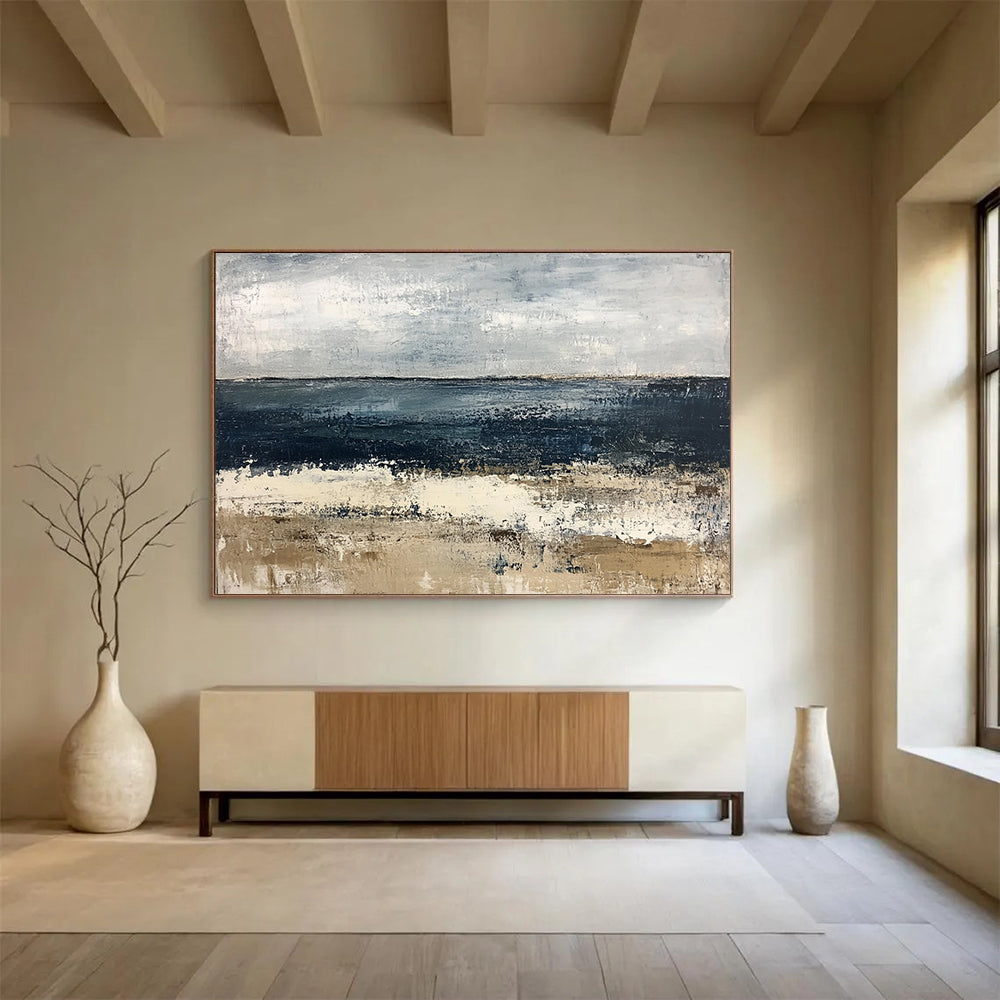 “Abstract Coastal Landscape” - Blue, Gray, Beige with Textured Layers - Painting On Canvas HB1392