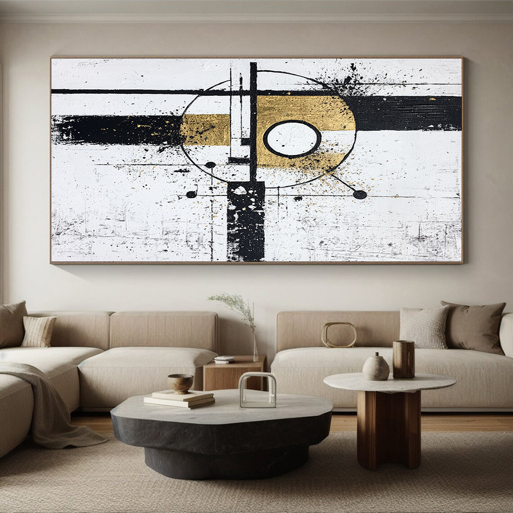 Black, White, Gold, Geometric Fusion "Gilded Geometry" Abstract Cubist - Inspired Painting On Canvas HB103