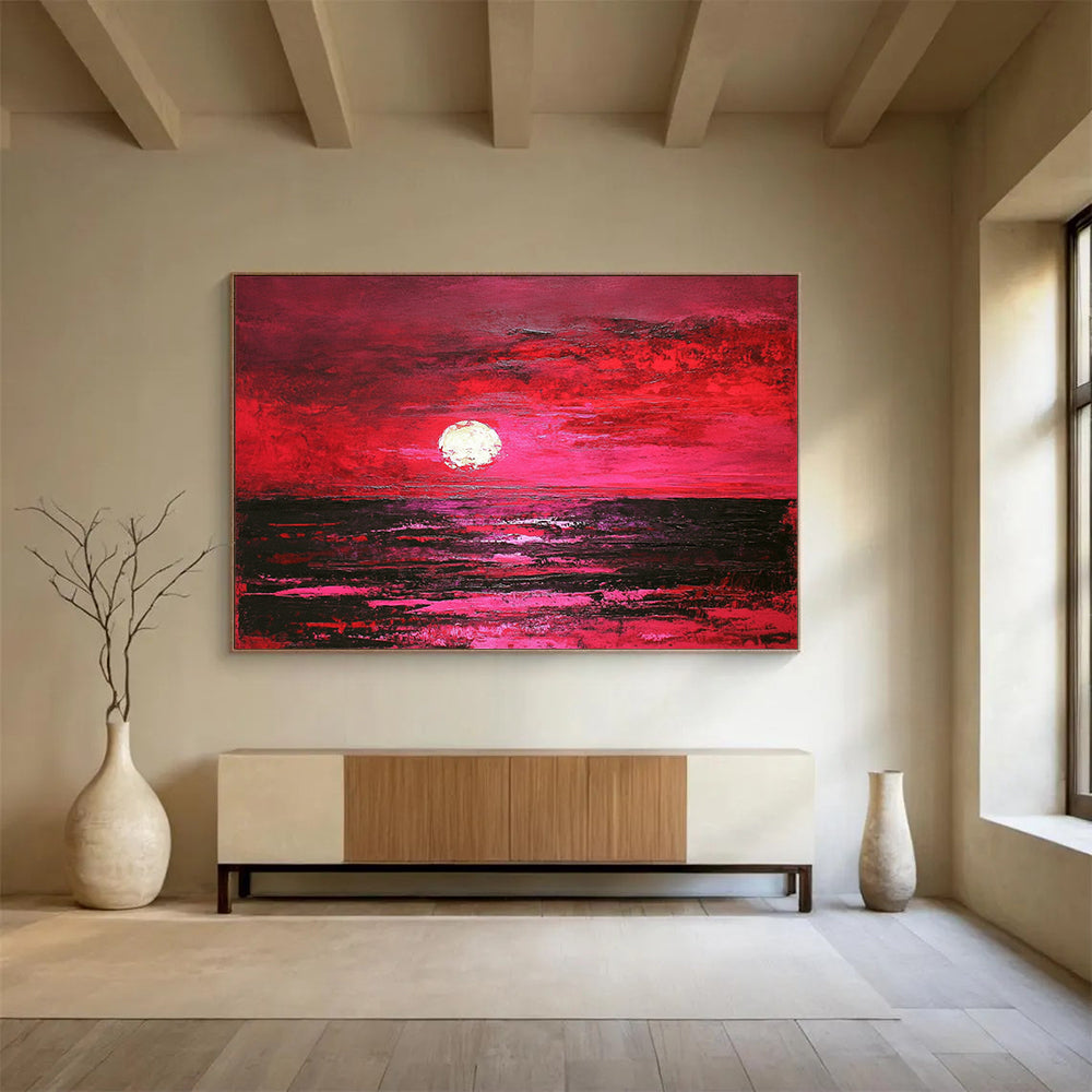 “Crimson Sunset Sea” - Deep Reds, Pinks, Purples, Ocean at Sunset - Textured Oil Painting HB1731