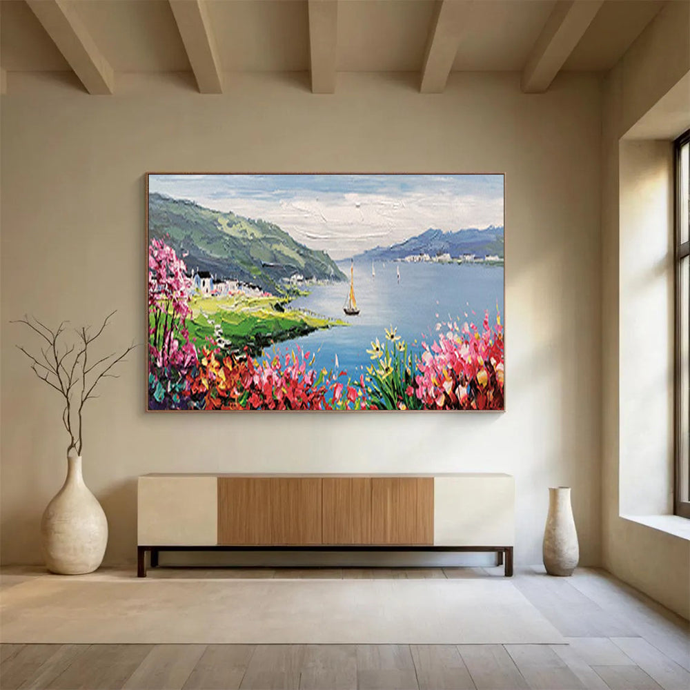 Lakeside Village with Sailboat - Romantic Living Room or Bedroom Art DLZ209
