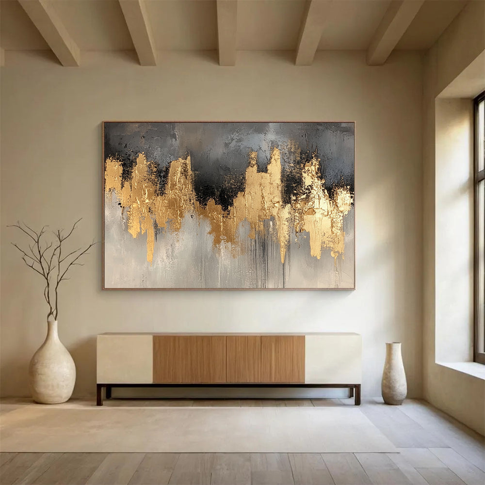 “Gold and Gray Abstract Skyline” - Gray, gold; Abstract skyline with gold accents; Acrylic Painting On Canvas HB1244